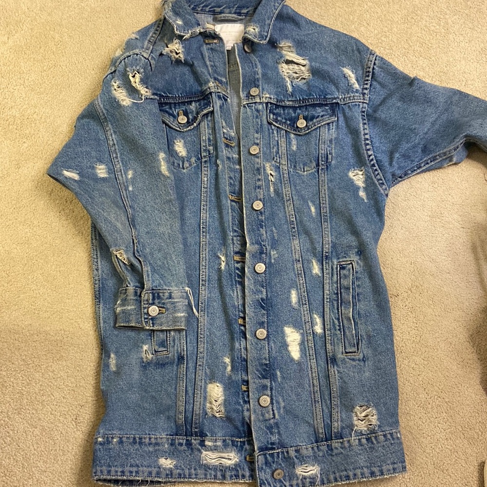 Distressed long denim jacket